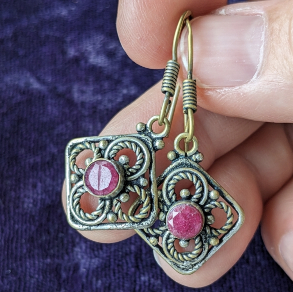Vintage Drop Dangle Earrings With Natural Earth Mined Pink Rubies